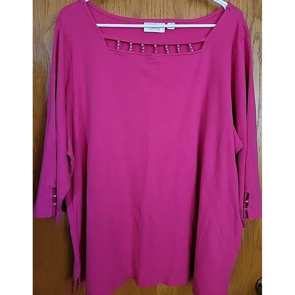 Quacker Factory Shirt Womens 2X Embellished 3/4 SLV Pullover Bling Top Cut Out - Picture 1 of 6